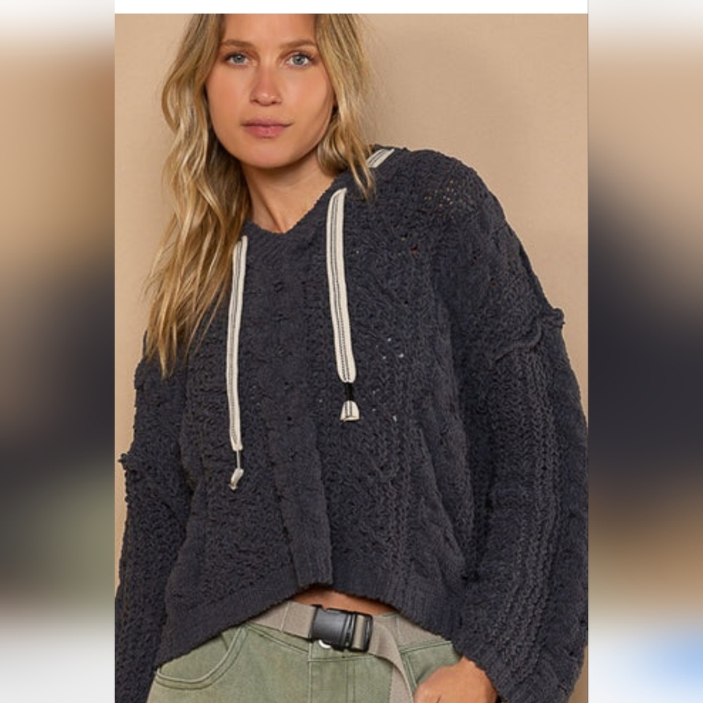POL Cozy Black Cable Knit Hoodie Sweater